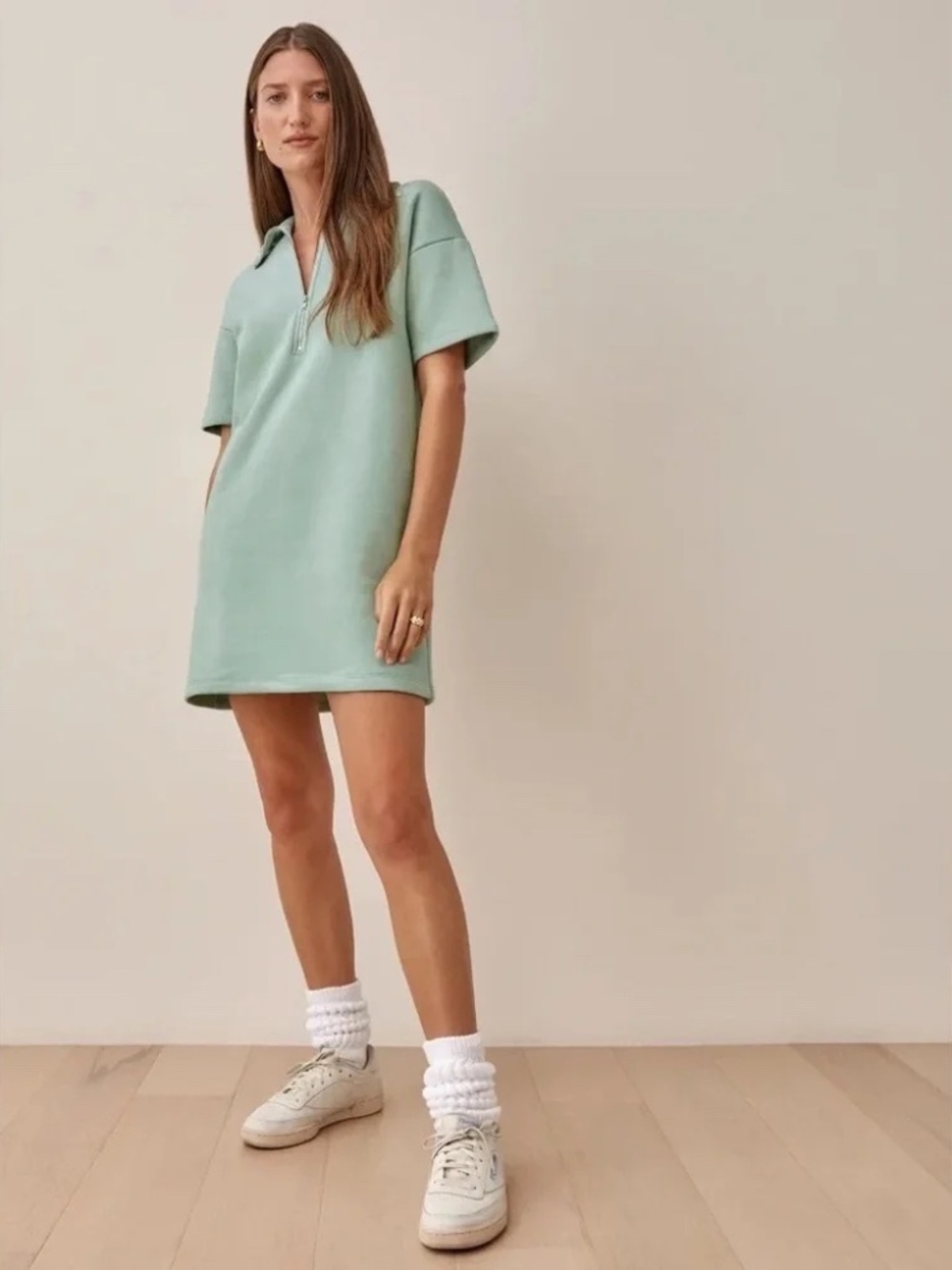 Reformation Hampton Mini Dress Short-Sleeve Half Zip Fleece in Light Sage Sz M